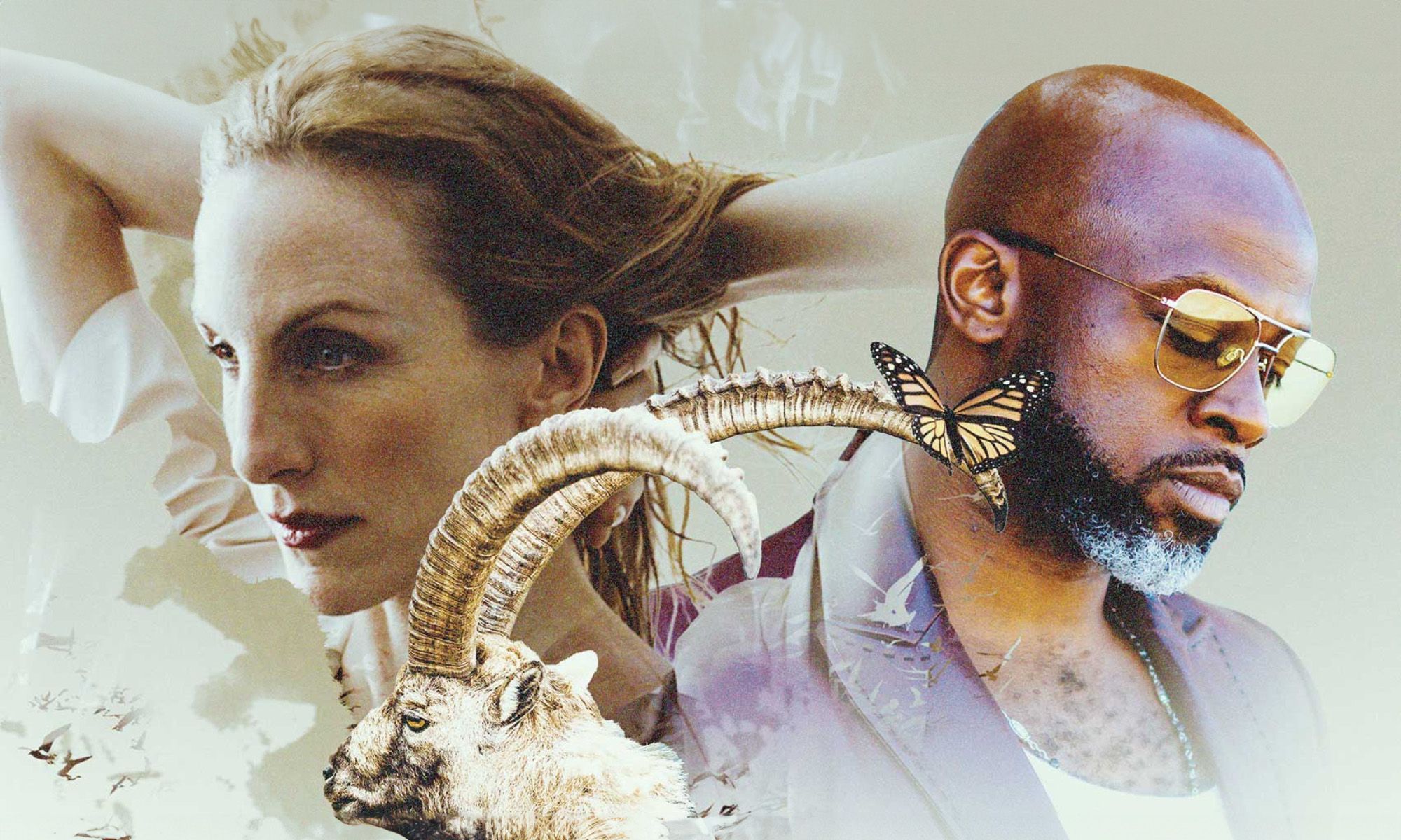 Wendy Whelan (on the left) and Marc Bamuthi Joseph (on the right) with illustrations of sheep, butterflies, and clouds throughout.