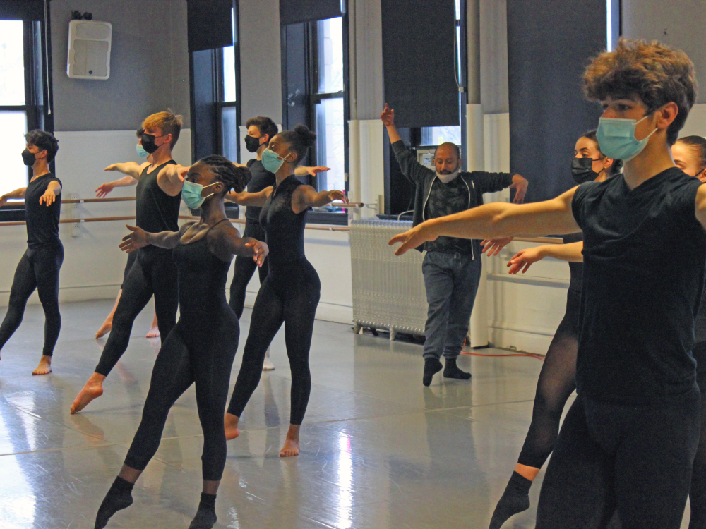 Mavin Khoo, of Akram Khan company, teaches a combination from Akram Khan’s XENOS to students at Chicago Academy for the Arts.